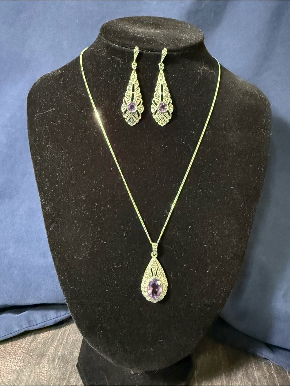 Vintage Signed BIRKS Amethyst Filigree Demi Parure Jewelry Set Original Box